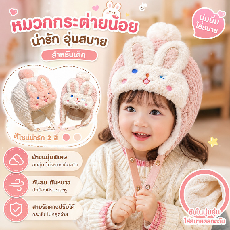 พร้อมส่ง หมวกเด็ก การออกแบบกระต่ายน่ารัก ให้ความอบอุ่น ป้องกันหู สำหรับทารกและเด็กเล็ก ฤดูใบไม้ร่วง–ฤดูหนาว