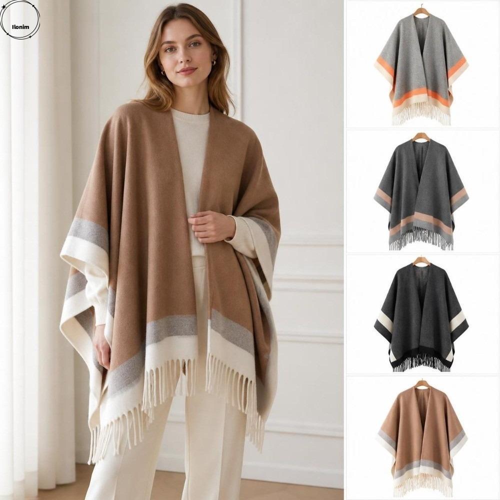 ILONIM เปิดด้านหน้า Cape Shawl, Warm ขนาดใหญ่ลายขอบ Poncho, Elegant สบาย Soft Fringed Edge พู่ Ponch