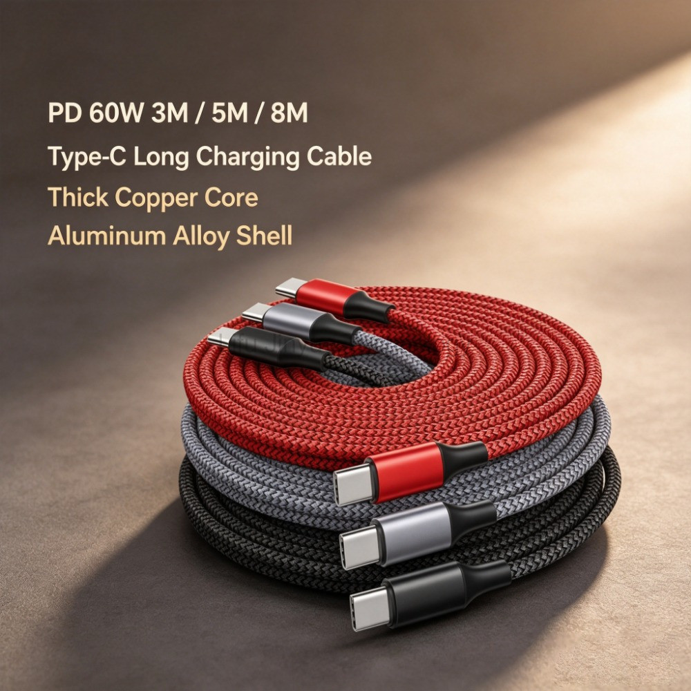 LIKAIYUE 60W Type-C To Type-C Fast Charge Data Cable 3M 5M 8M Universal Extended Nylon Braided Data 