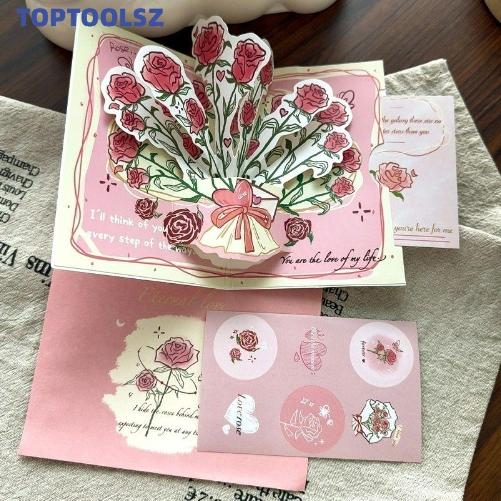 การ์ดอวยพร TOPTOOLS, การ์ดวันวาเลนไทน์กุหลาบ, โรแมนติกพร้อมซองจดหมาย Pop Up Love ขอบคุณการ์ดภรรยาแฟนของขวัญ