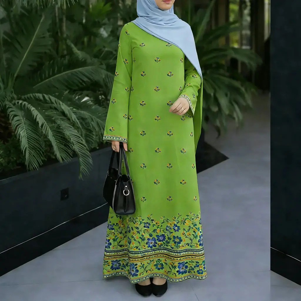3D พิมพ์ดิจิตอลมุสลิม Robe รอบคอแขนยาวขนาดใหญ่ Hem หลวม Abaya ชุด S-4XL
