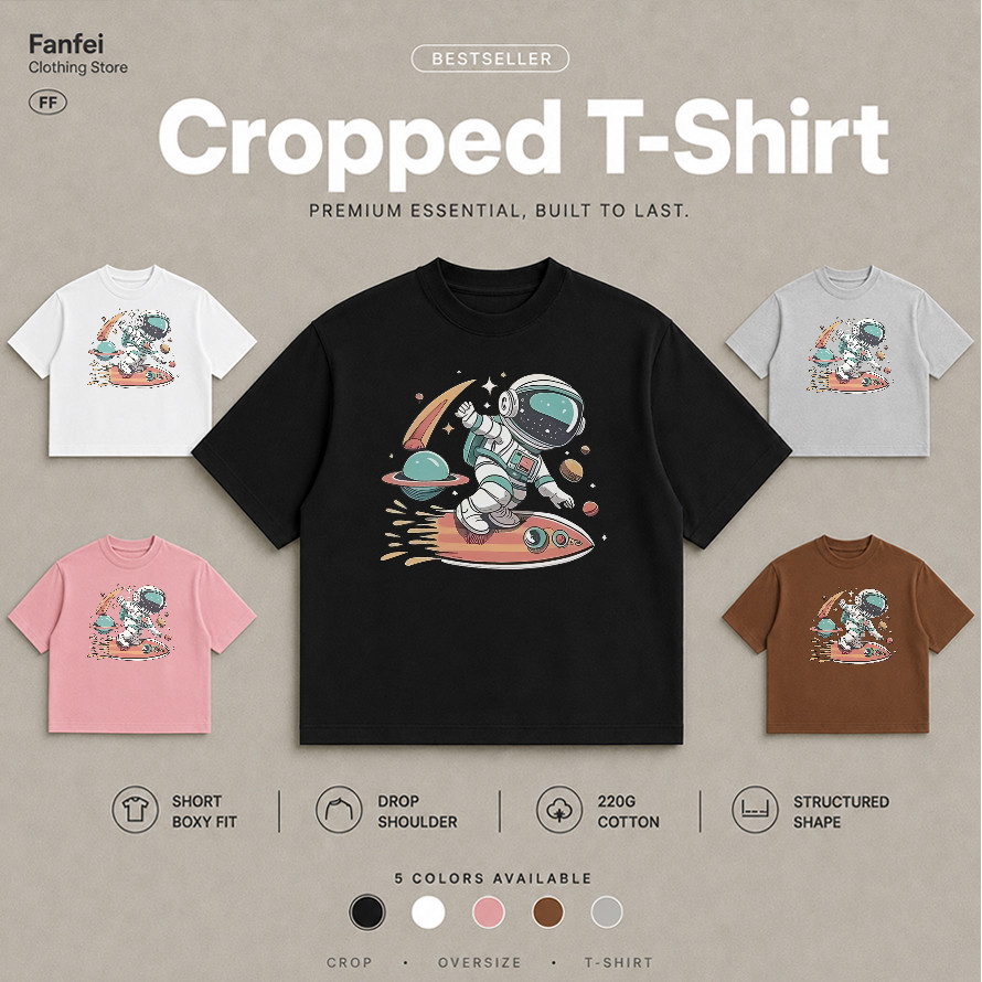 COD Fanfei boxy Cropped T เสื้อยืดสั้นลายวาดมือนักบินอวกาศวัยรุ่นลำลองกีฬามีหลายสีขาวดำเทาชมพูน้ำตาล