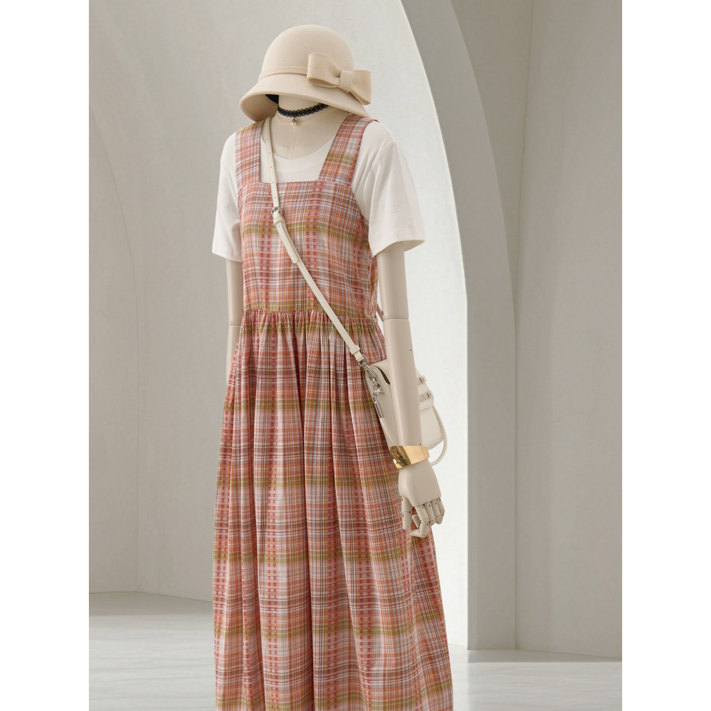 4U4U กระโปรงลายสก๊อตสีแดงหญิงฤดูร้อนสไตล์ใหม่เกาหลี Girly Sweet Age-Reduction Fringed Hem กระโปรงยาว