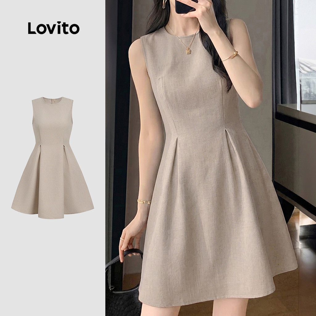 Lovito เดรสผู้หญิงสไตล์อเนกประสงค์สีคาคีอ่อนสําหรับฤดูใบไม้ผลิ/ฤดูร้อน แบบเรียบหรู L199ED574