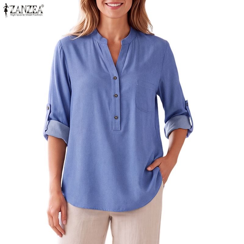 ZANZEA เสื้อเบลาส์กระเป๋าแขนยาวคอวีแฟชั่นเกาหลีสําหรับผู้หญิง — صورة 6
