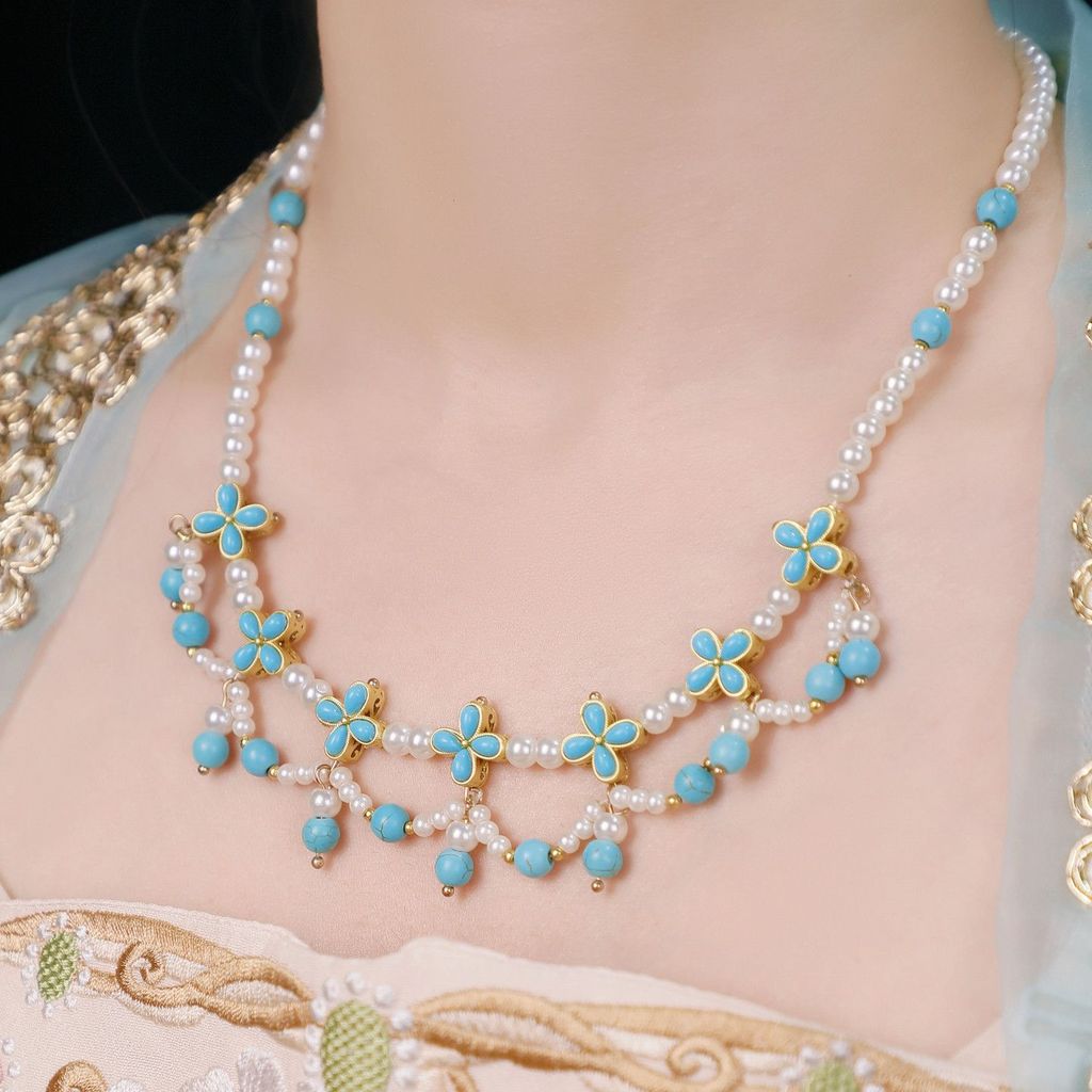 Hanfu Soft Yingluo เครื่องแต่งกาย Tan สร้อยคอคออุปกรณ์เสริมพู่สีฟ้าจี้ Clavicle Chain เครื่องประดับส