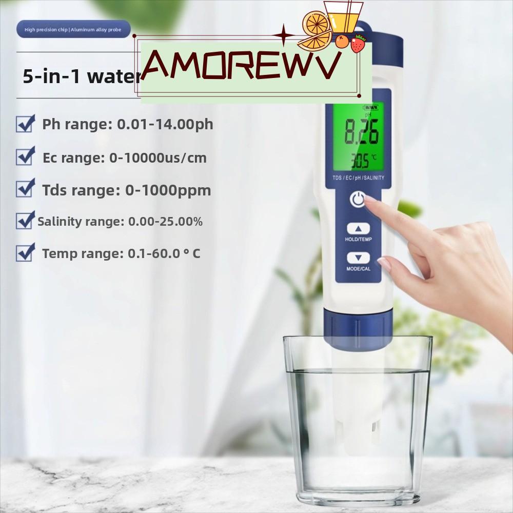 AMOR12WV เครื่องทดสอบคุณภาพน้ํา,หน้าจอเรืองแสงขนาดใหญ่ Multi-Parameter Digital TDS Meter, 5 in 1 TDS