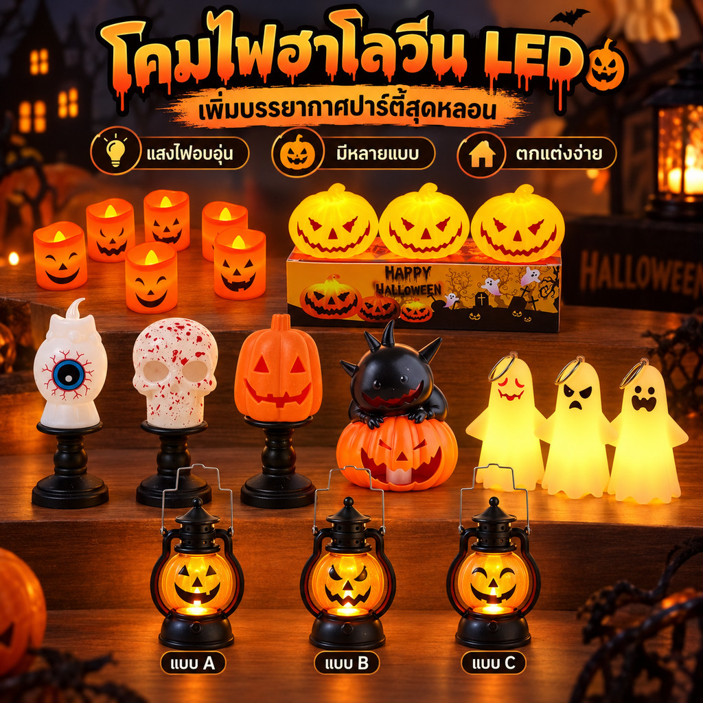 👻COD🎃ไฟฮาโลวีน LED โคมไฟฟักทอง ผี กระโหลก ของตกแต่งปาร์ตี้ Halloween ไฟตั้งโต๊ะ แต่งบ้าน เพิ่มบรรยากาศเทศกาล