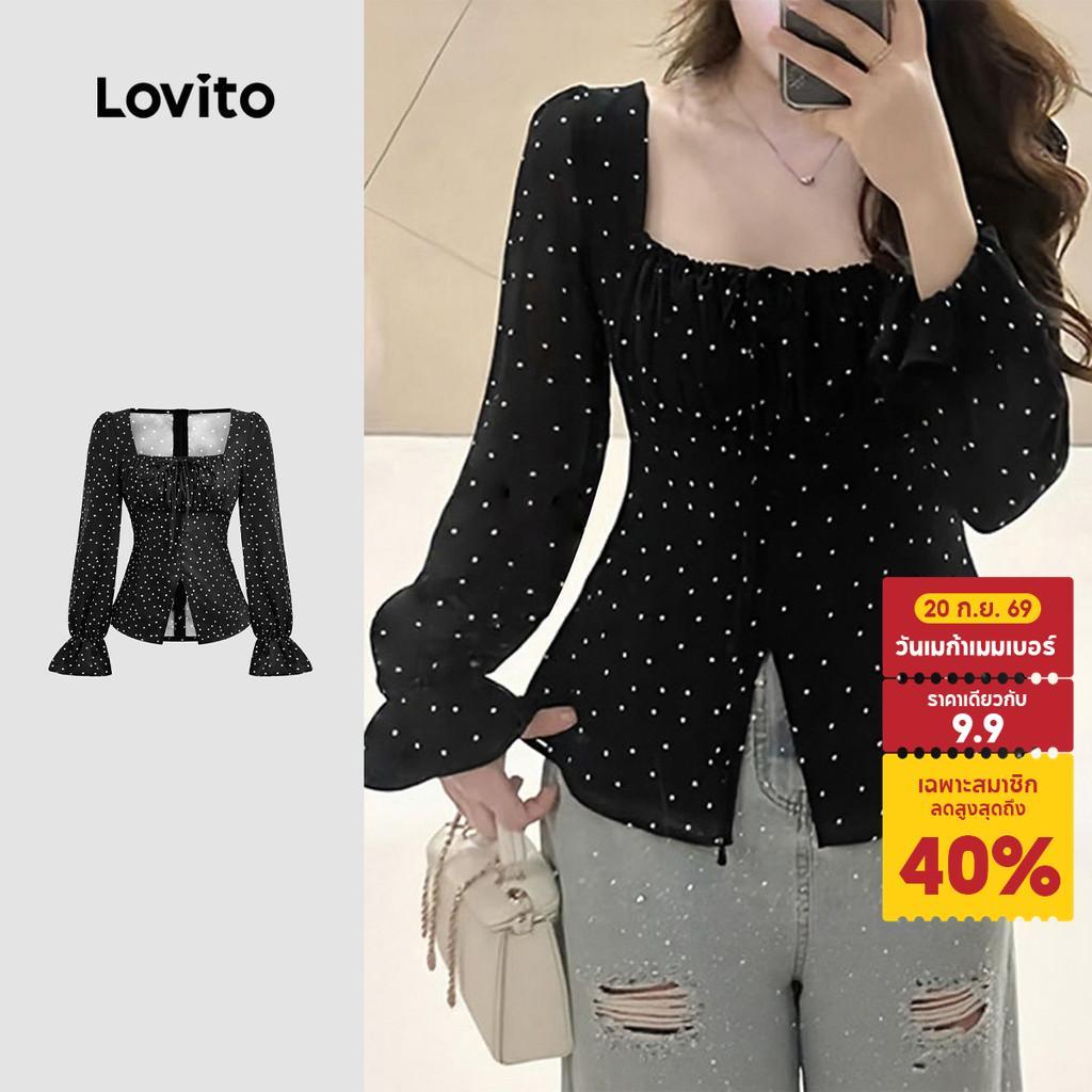 Lovito เสื้อเบลาส์แคชชวลผูกเชือกสีดำ ฤดูใบไม้ร่วง/ฤดูหนาว งานศพ สำหรับผู้หญิง เกาหลี อินเทรนด์ L159AD021