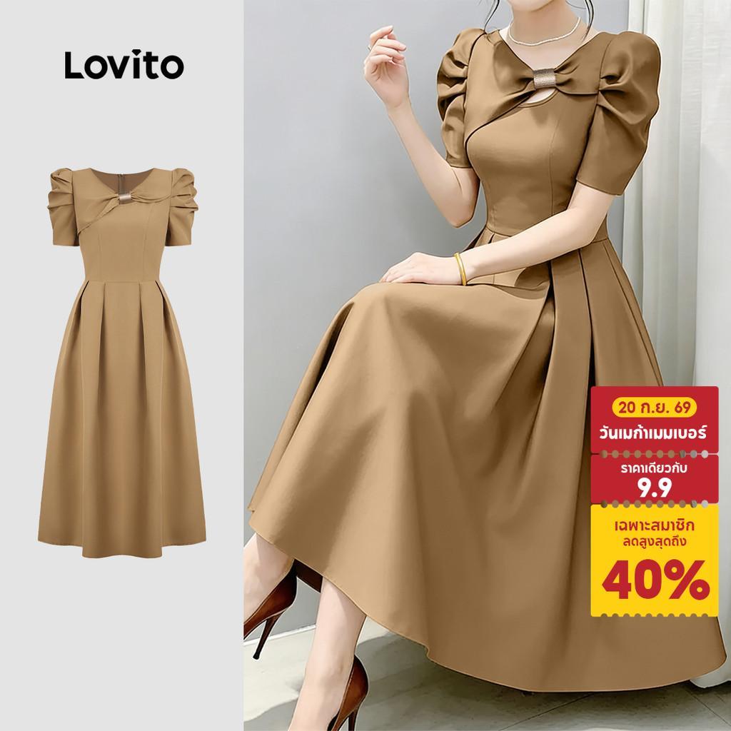 Lovito ชุดเดรสผู้หญิงผ้ากากี แต่งโบว์และกรอบหัวเข็มขัด จับจีบ สไตล์ลําลอง เหมาะสําหรับฤดูใบไม้ผลิและฤดูร้อน เกาหลี อินเทรนด์ L183AD062