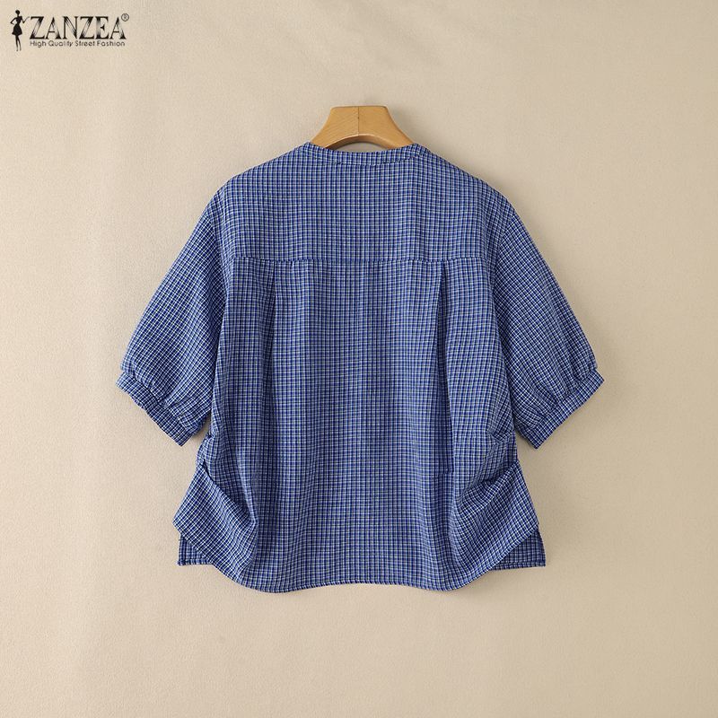 ZANZEA เสื้อเชิ้ตแขนสั้นติดกระดุมแฟชั่นเกาหลีของผู้หญิงหลวมมีสไตล์ — صورة 8