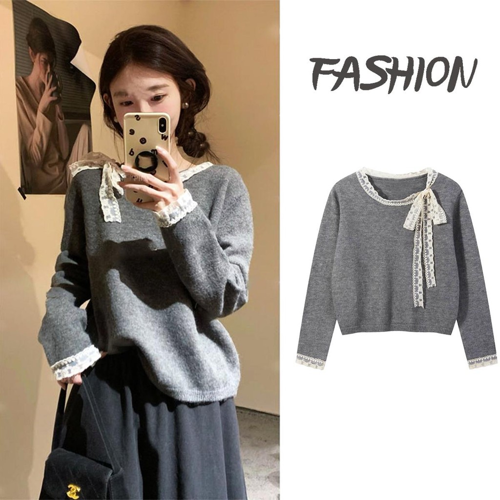 Chili Koko เสื้อสเวตเตอร์ลูกไม้ฝรั่งเศสสีเทา สำหรับผู้หญิง เสื้อสเวตเตอร์แขนยาวสีแดงแฟชั่นเกาหลี N108