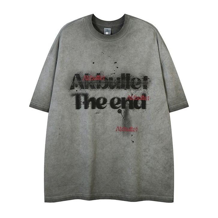 American Retro Heavy Industry ล้าง Distressed vintage Splash Ink Letter พิมพ์หนักแขนสั้น T