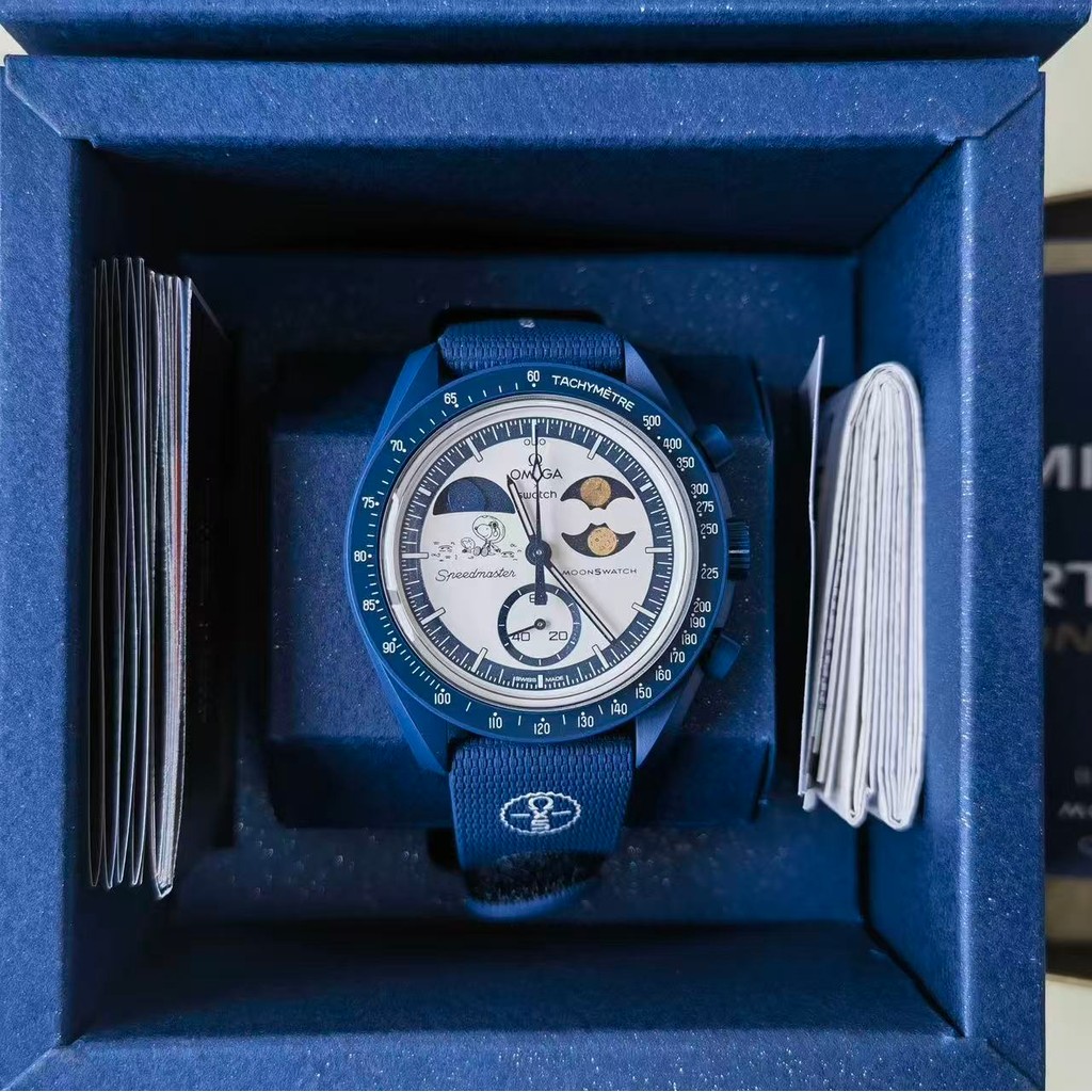 พร้อมกล่องSnopy Blue Moon Phase Chronograph Quartz Watch Luminous Tachymeter Sport นาฬิกาข้อมือ Casual Fashion Mens Timepiece