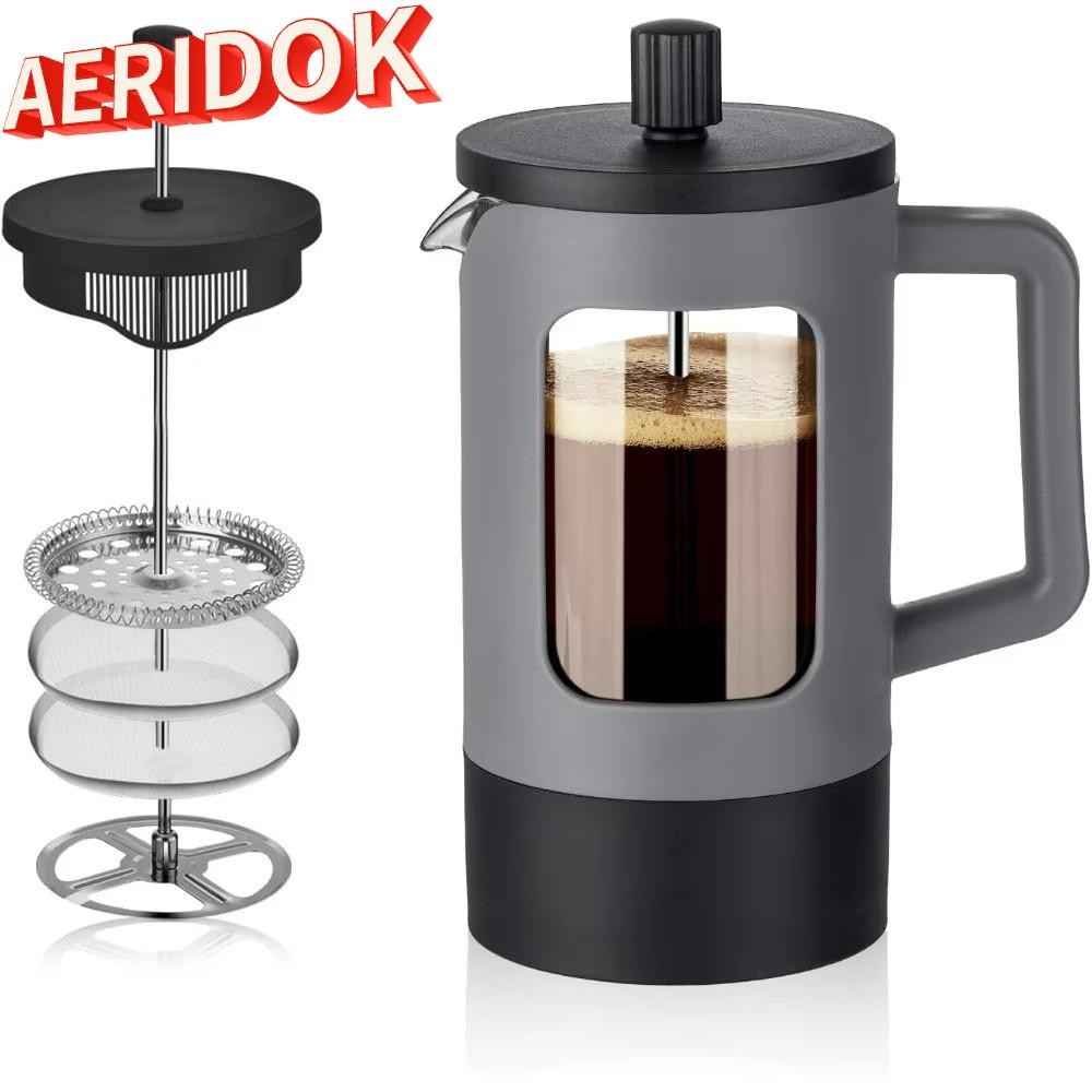 AERIDOK เครื่องชงกาแฟ French Press, 600ml Anti-Rust Tea Coffee Brewer, แก้ว Borosilicate แบบพกพาทนคว