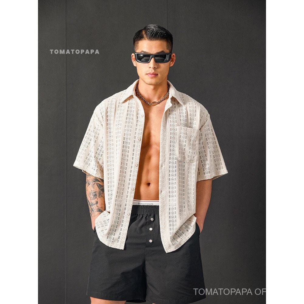 เสื้อเชิ้ตแขนสั้นผู้ชาย ลายพิมพ์โปร่งสบาย ใส่สบายสำหรับการท่องเที่ยวและวันหยุด