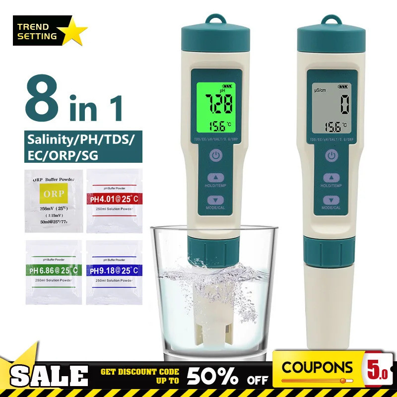 8 IN 1 Digital Water Quality PH Test Pen TDS/EC/PH/ORP Temp Meter การวิเคราะห์ Hydrogen Instruments 