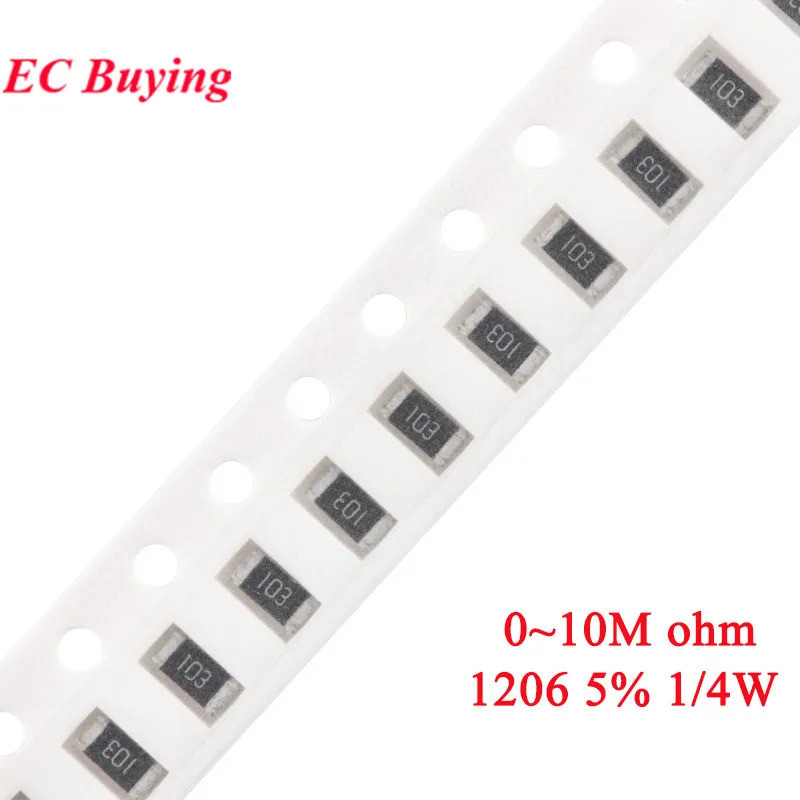 100pcs 1206 ตัวต้านทาน SMD 5% 1/4W 0R ~ 10M 0.01 0.3 0.47 0.91 1.5 5.1 9.1 10 30 47 56 68 100 820R 1