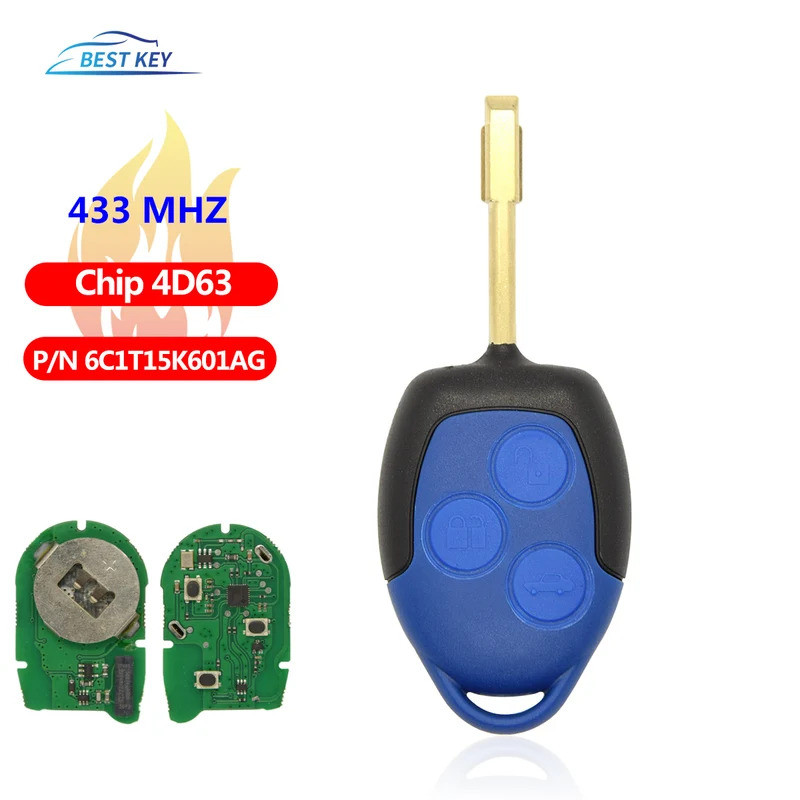 BEST KEY 3 ปุ่มรถ Remote Key 4D63 ชิป 433Mhz P/N: 6C1T15K601AG สีดําสําหรับ Ford Transit WM VM 2006-