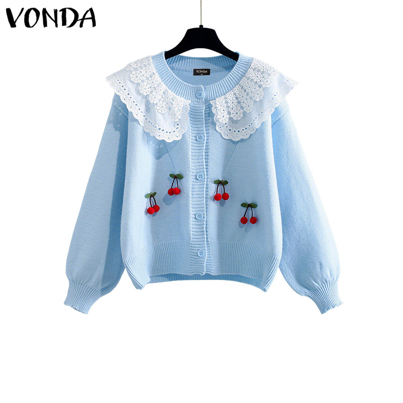 VONDA สไตล์เกาหลี เสื้อโค้ทยาวสำหรับผู้หญิง แขนยาว ลายแพทช์เวิร์ค ผ้าขนสัตว์ ประดับเชอร์รี่