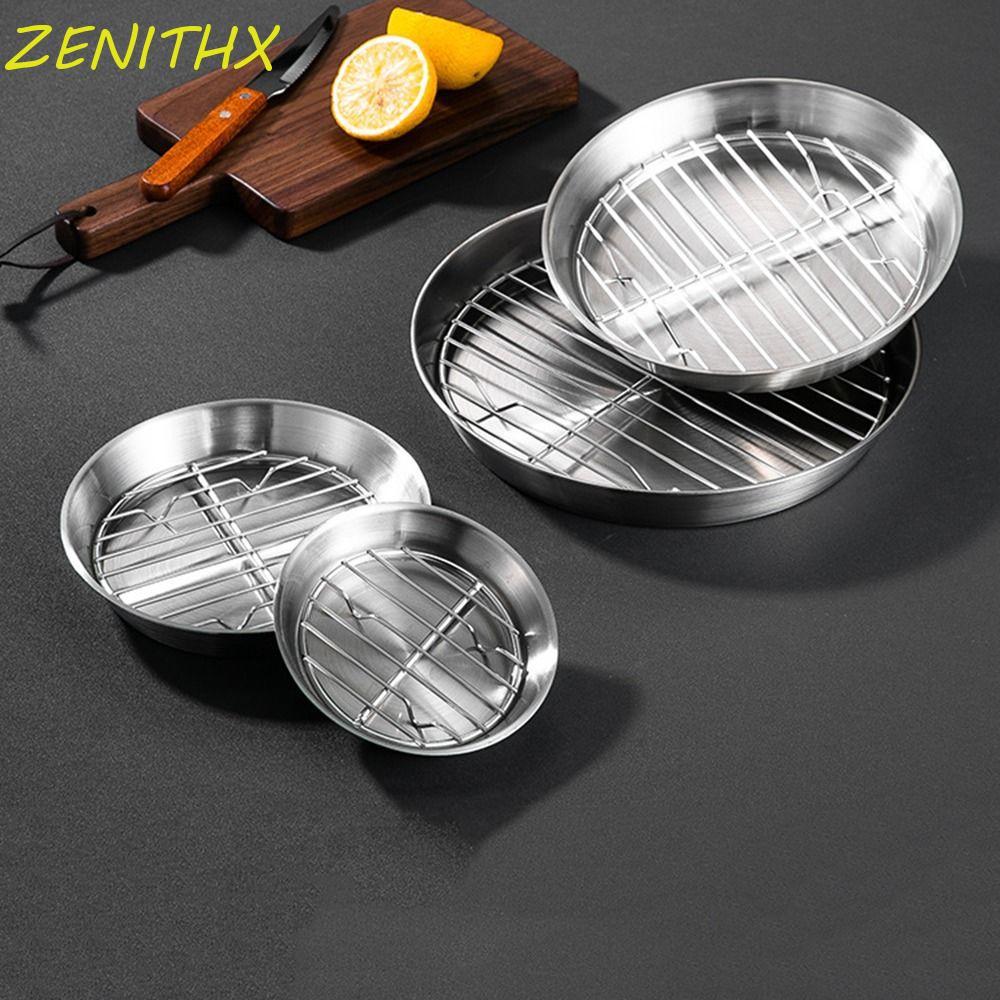 ZENITHX กระทะท่อระบายน้ําวงกลม, ไม่ติดอาหาร-เกรด Air Fryer ถาดอบ, รอบ 304 สแตนเลสตาข่ายยกระดับทนความร้อนนึ่ง Cooling Racks ในครัวเรือน