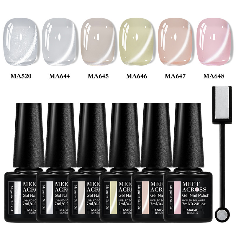 MEET ACROSS 7 ชิ้นแม่เหล็กเล็บเจลชุดเจลเล็บน้ําแสงแม่เหล็กเจลโปร่งแสงเล็บเจล