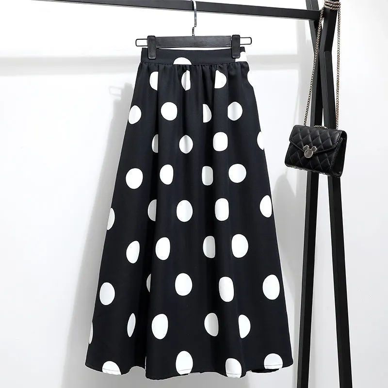 หญิง Polka Dot Midi กระโปรงแฟชั่นเวอร์ชั่นเกาหลีหวาน Commuting เอวยางยืดกระโปรงยาวปานกลาง