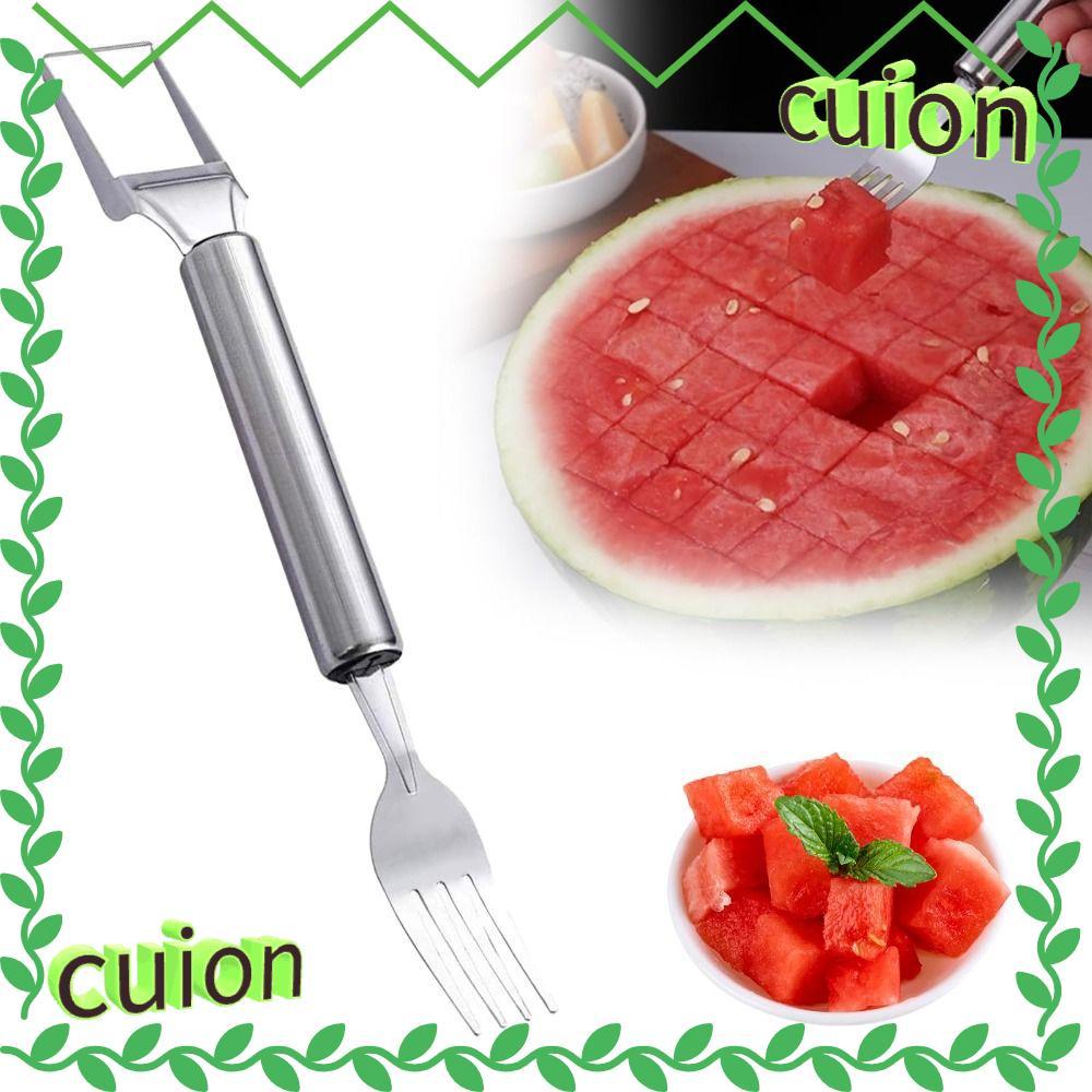 CUION1413 เครื่องตัดผลไม้, เครื่องตัดแตงโมสองหัวสแตนเลส, แบบพกพา 2-in-1 Professional Slicing เครื่องตัดส้อมแตงโมสําหรับอุปกรณ์ครัว