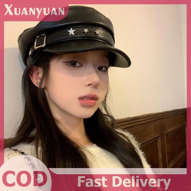 XUAN Vintage Rivet Beret Harajuku Y2K สาว Gothic Lolita หนังสีดํา Dark Face เปิดเผยแบน Newsboy หมวก Beret TH