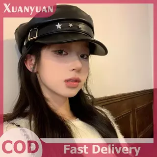 XUAN Vintage Rivet Beret Harajuku Y2K สาว Gothic Lolita หนังสีดํา Dark Face เปิดเผยแบน Newsboy หมวก Beret TH