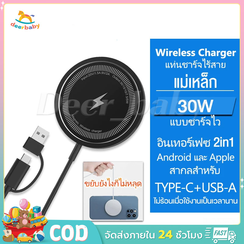 แท่นชาร์จไร้สาย แม่เหล็ก 30W 2in1(TYPE-C+USB-A)/PD รองรับ iPhone/Android/watch Qi Wireless Charger