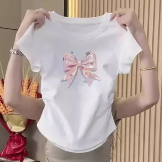 แบรนด์เสื้อยืดลายโบว์สไตล์เกาหลีสำหรับสาวอวบ ต้อนรับซัมเมอร์ ไซส์ S-XL ครอบคลุมทุกสัดส่วน แขนสั้นสุดเก๋ เนื้อผ้าใส่สบายส