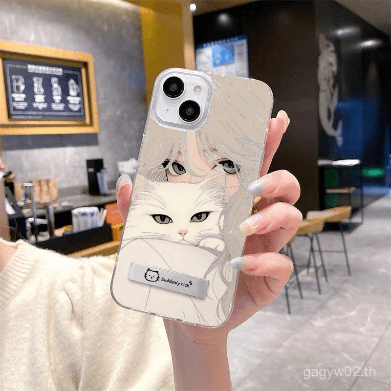 X9KY พร้อมสต็อกสไตล์ใหม่ 7P Hug Cat 8 Hollow สาวและแมวสีขาว xs เหมาะสําหรับ 15promax เคสโทรศัพท์ IMD