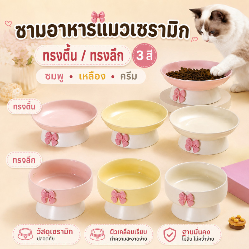 ชามอาหารแมวเซรามิก ยกสูง กันลื่น ถนอมคอแมว ลายโบว์น่ารัก ใส่น้ำได้ ล้างง่าย ชามอาหารหมา