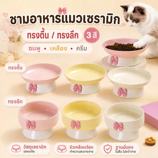 ชามอาหารแมวเซรามิก ยกสูง กันลื่น ถนอมคอแมว ลายโบว์น่ารัก ใส่น้ำได้ ล้างง่าย ชามอาหารหมา