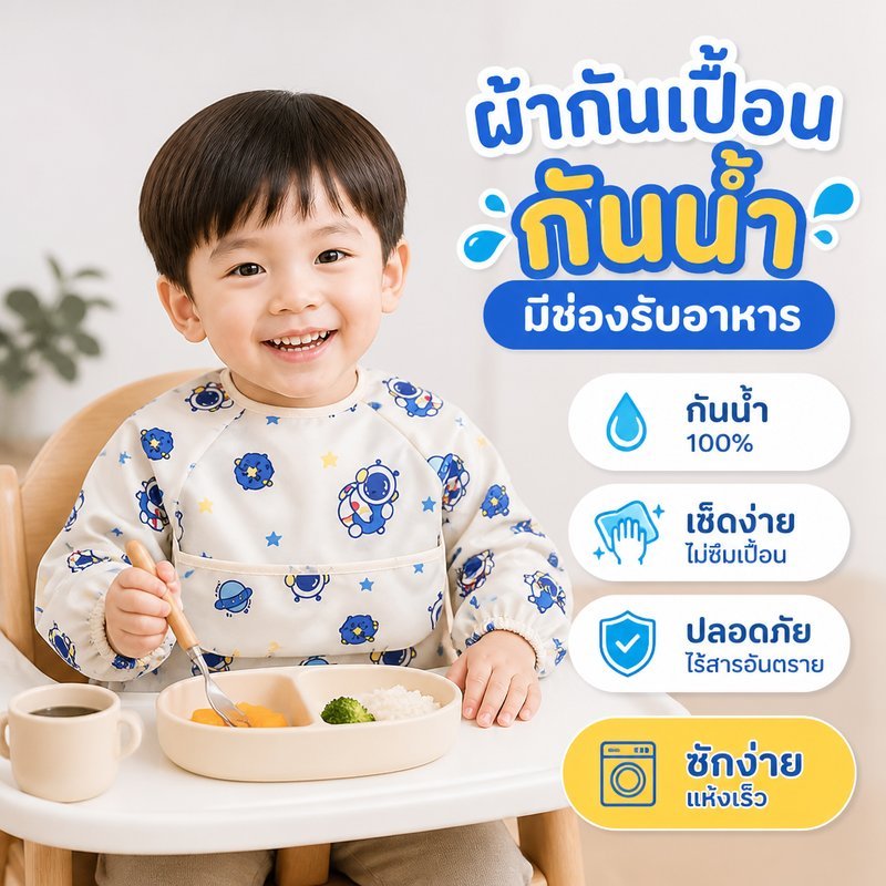 ผ้ากันเปื้อนเด็ก กันน้ำ กันคราบ ผ้ากันเปื้อนกินข้าวอนุบาล มีกระเป๋ารองอาหาร พับกลับด้านได้ ตีนตุ๊กแก