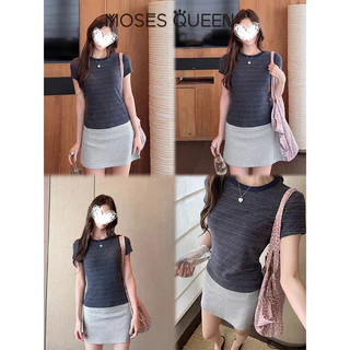MOSESQUEEN เสื้อยืดแขนสั้นลายทางสีตัดกันย้อนยุคสไตล์อเมริกันคอกลมและดีไซน์ไหล่ด้านหน้า - ท็อปมีสไตล์สําหรับร่างกาย #63960