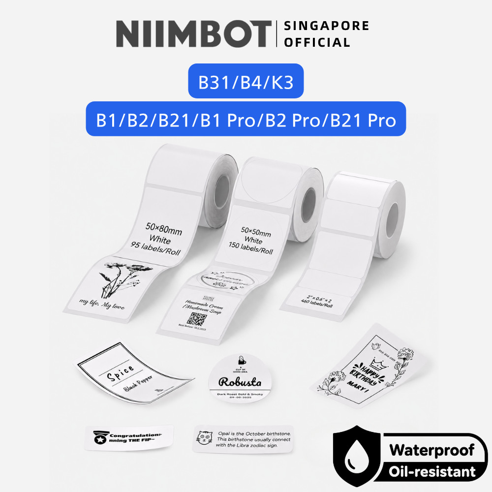 NIIMBOT สีขาวสติกเกอร์สําหรับ B1 B2 B21 B1 Pro B2 Pro B21 Pro B31 B4 ความร้อนกันน้ําม้วนราคาแท็กชื่อ