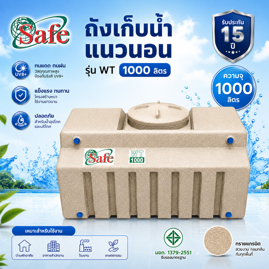 SAFE ถังน้ำแนวนอน 1000 ลิตร วางใต้บันได *** ส่งฟรีกรุงเทพปริมณฑล*** ต่างจังหวัดมีค่าจัดส่ง
