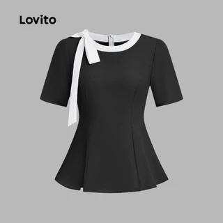 Lovito เสื้อเบลาส์ลูกไม้หรูหราผูกสีบล็อกฤดูใบไม้ผลิ/ฤดูร้อน สีดําขาวสําหรับผู้หญิง LK4LD2719