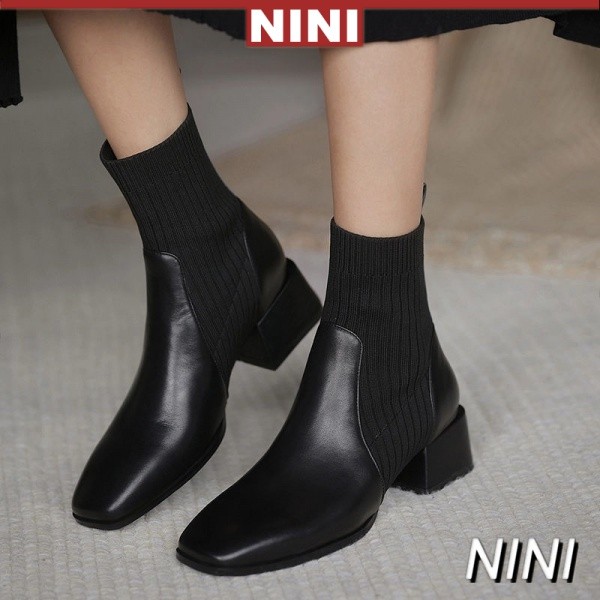 PB5 35-43รหัสผู้หญิงขนาดใหญ่รองเท้าChunky Heel Martin Boots Women41Square Toeกลางส้นถุงเท้ายืดหยุ่นร