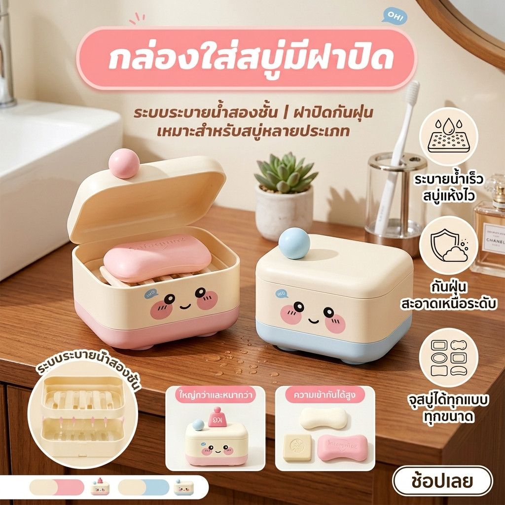 กล่องใส่สบู่มีฝาปิด ที่วางสบู่ ระบบระบายน้ำสองชั้น ฝาปิดกันฝุ่น สบู่แห้งไว ลายการ์ตูนน่ารัก เหมาะกับสบู่ทุกขนาด