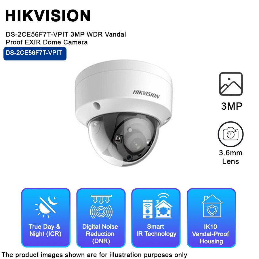 HIKVISION DS-2CE56F7T-VPIT 3MP WDR Vandal Proof EXIR Dome Camera - 3.6MM