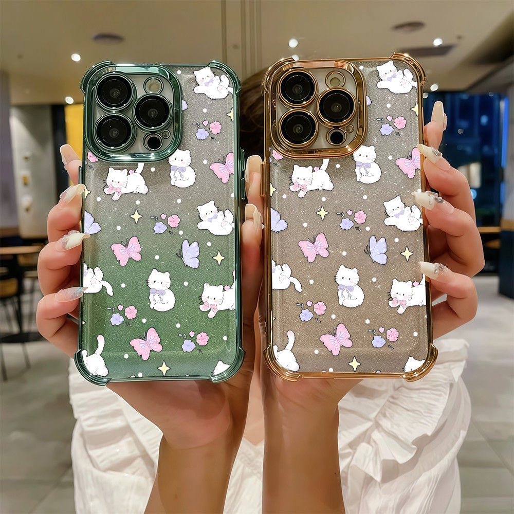 ลายแมวการ์ตูนผีเสื้อสีพาสเทล สําหรับ OPPO A54 A55 A56 A57A58A60A72A74A78A96 4G 5G แฟชั่นผงกากเพชรสีสันสี่มุมป้องกันการตก