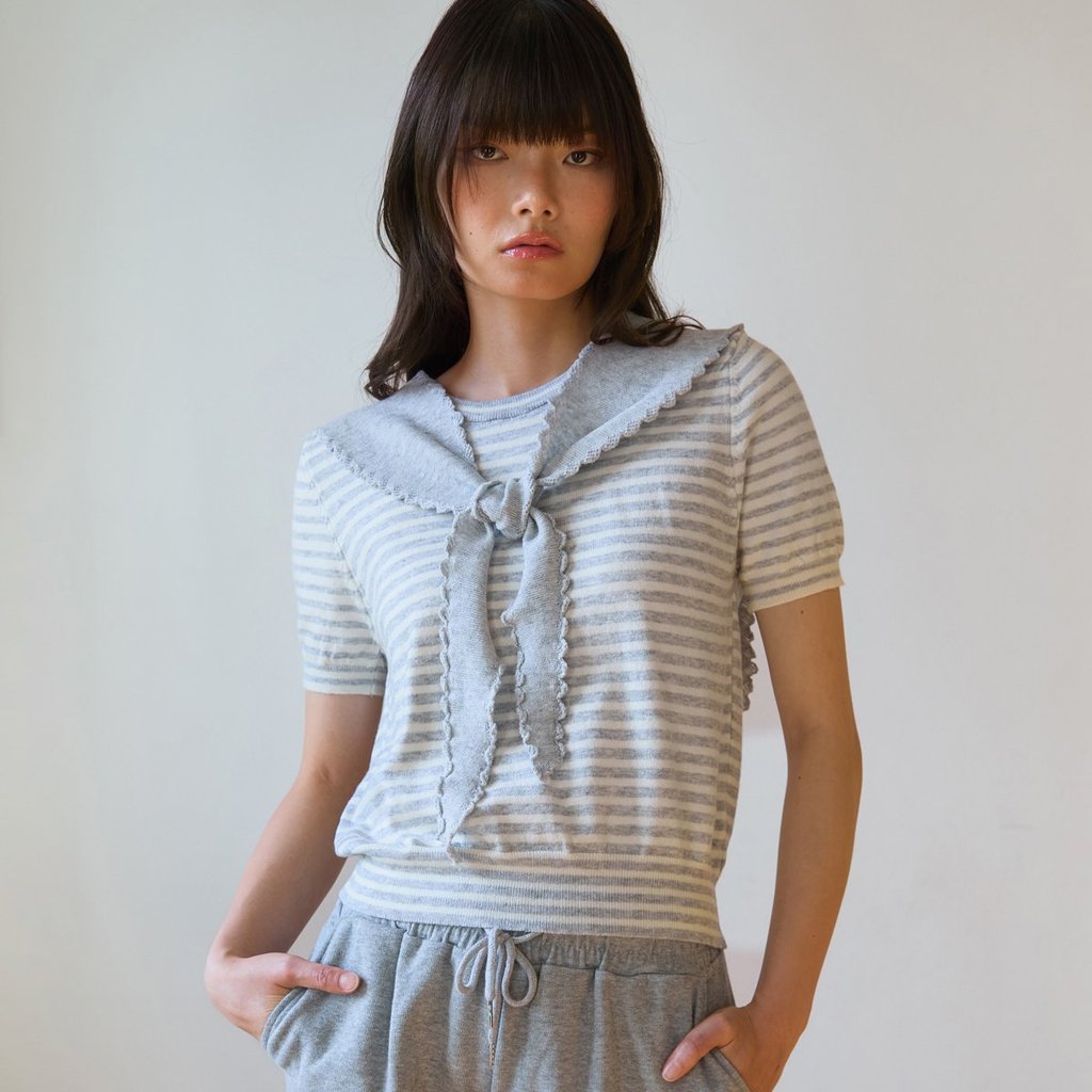 [Pomelo] เสื้อคอปกกะลาสีลายทาง / Sailor Collared Top