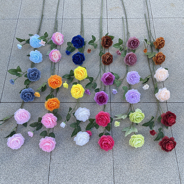 3หัวOcean Peonyจําลองดอกไม้ตกแต่งบ้านดอกไม้ปลอมสามหัวOcean Rosesขายส่ง