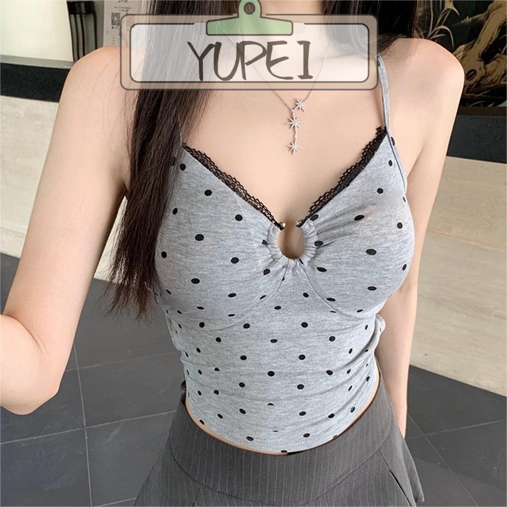 YUPEI Polka Dot ผ้าฝ้าย, V คอออกแบบลูกไม้ Crop เสื้อกั๊ก Tops, แฟชั่นสปาเก็ตตี้ Cross Backless Ropa 