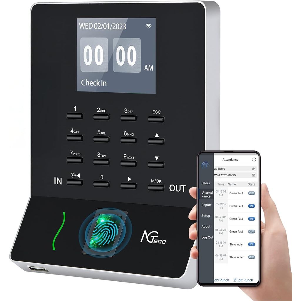 NGTeco APP-ตามนาฬิกาเวลาสําหรับพนักงานธุรกิจขนาดเล็ก, W2 (ลายนิ้วมือ+รหัสผ่าน) นาฬิกา Times, นาฬิกา 