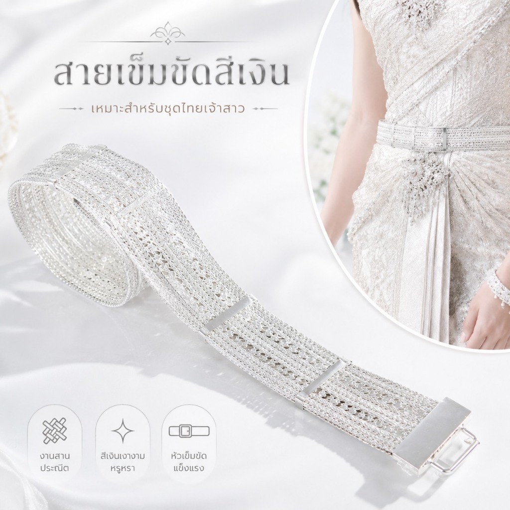 Dây thắt lưng Thái màu vàng, màu bạc, có thể điều chỉnh độ cao, phù hợp cho trang phục Thái, trang phục múa rối, công việc trường học, lễ hội và các nghi lễ truyền thống.