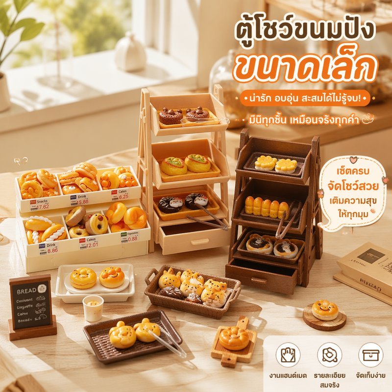 ชุดขนมปังจิ๋ว เรซิน จำลอง พร้อมตู้โชว์ เบเกอรี่ ของหวาน เซตบ้านตุ๊กตา 1 12 อุปกรณ์ถ่ายรูป